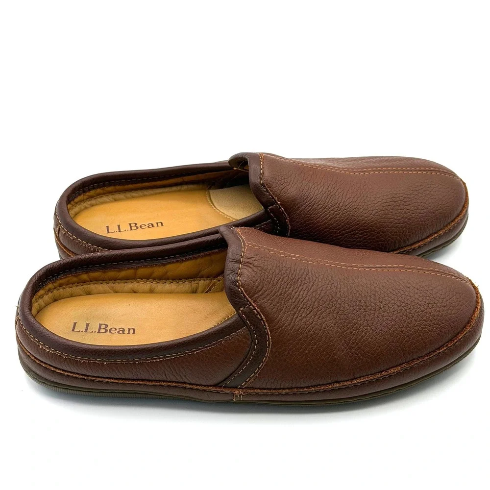 LL Bean Elkhide Slippers Mens 10 Brown Leather Slip On Cozy Cabin Fall Comfort